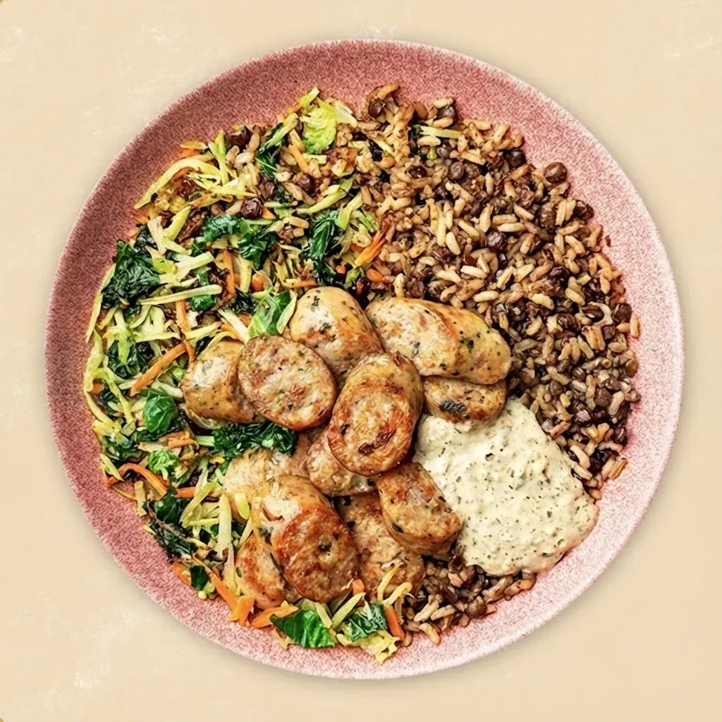 A delicious grain bowl with grilled chicken, fresh herbs, and seasonal vegetables