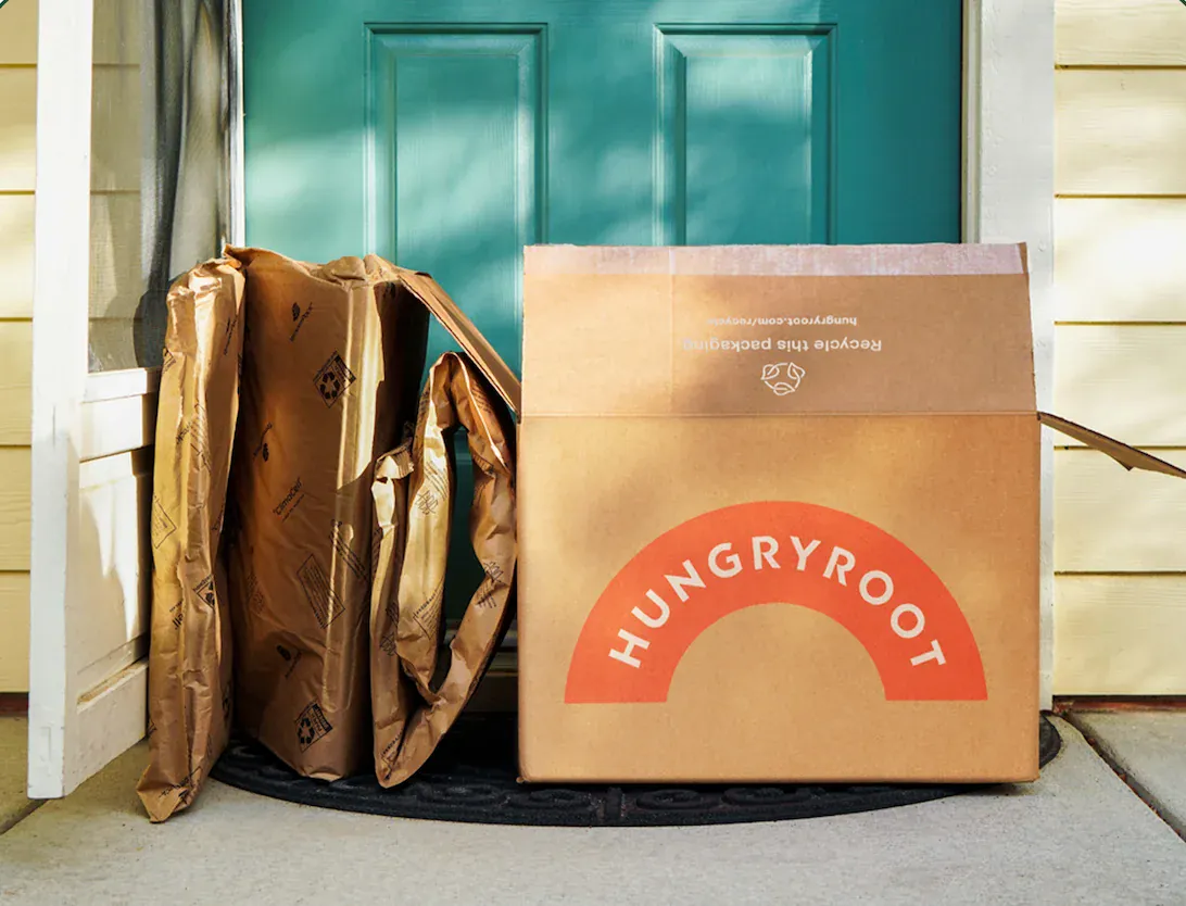 A Hungryroot delivery box surrounded by fresh groceries on a kitchen counter