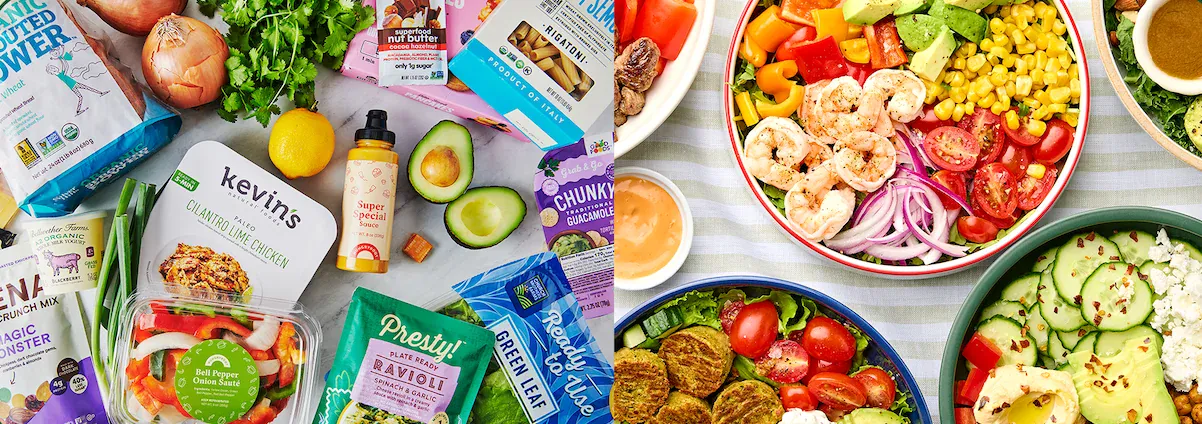 A wide spread of Hungryroot groceries: produce, proteins, snacks, sauces, and dairy