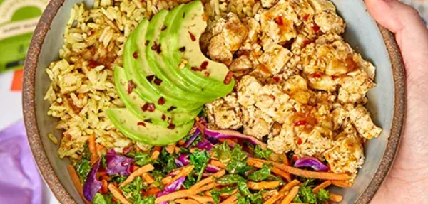 A Hungryroot rainbow veggie rice bowl with tofu