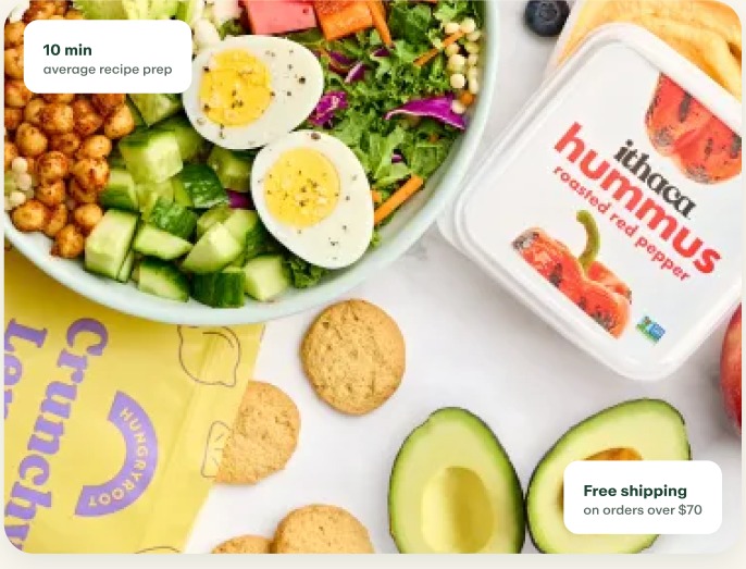A Hungryroot salad bowl with hard-boiled eggs, crispy chickpeas, hummus, cookies, and avocado