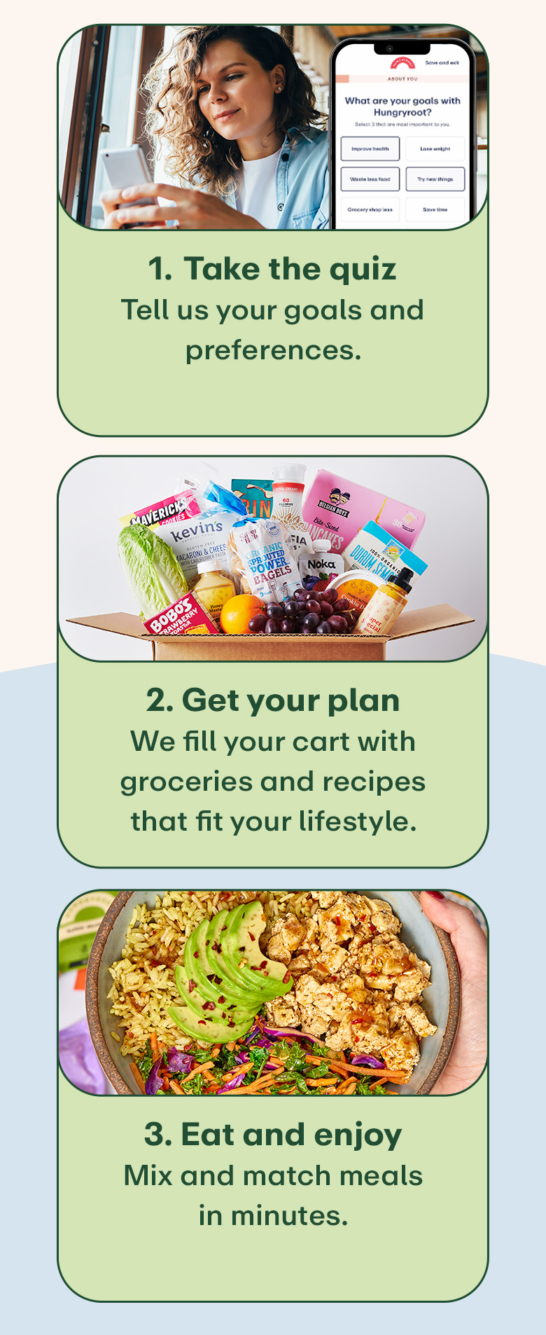 How it works - Take the quiz, Get your plan, Eat and enjoy