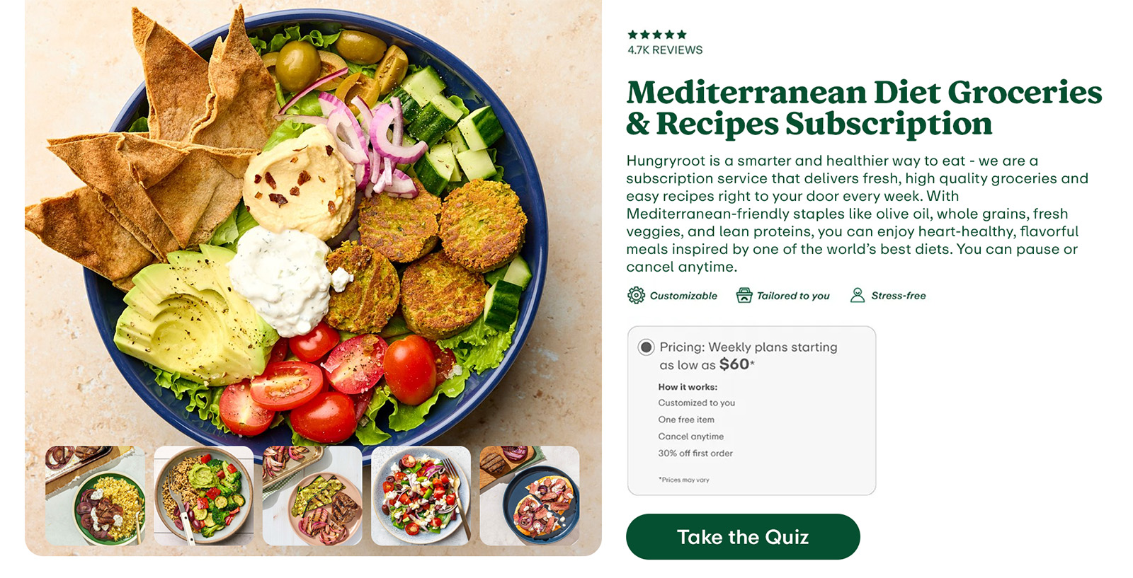 Hungryroot is a smarter and healthier way to eat - we are a subscription service that delivers fresh, high quality groceries and easy recipes right to your door every week. Everything is tailored to your preferences and your health + wellness needs. Think of us as a healthy eating personal assistant you never even knew you needed.