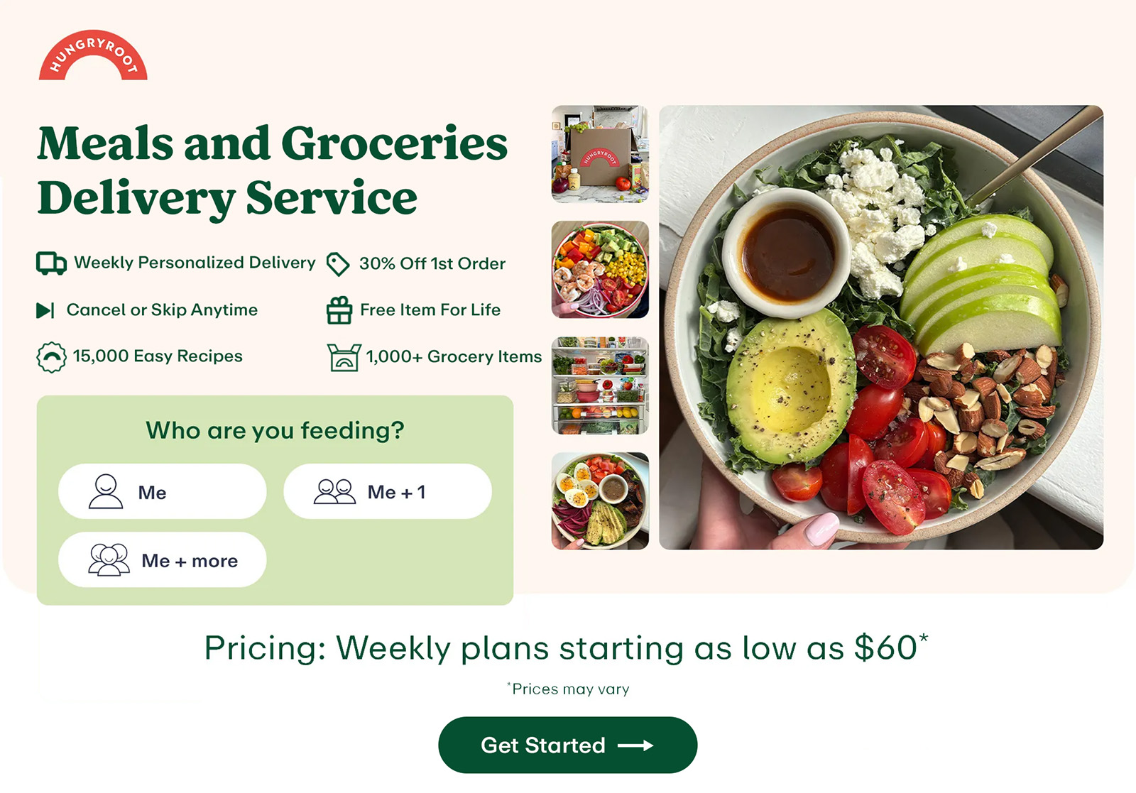Hungryroot is a smarter and healthier way to eat - we are a subscription service that delivers fresh, high quality groceries and easy recipes right to your door every week. Everything is tailored to your preferences and your health + wellness needs. Think of us as a healthy eating personal assistant you never even knew you needed.